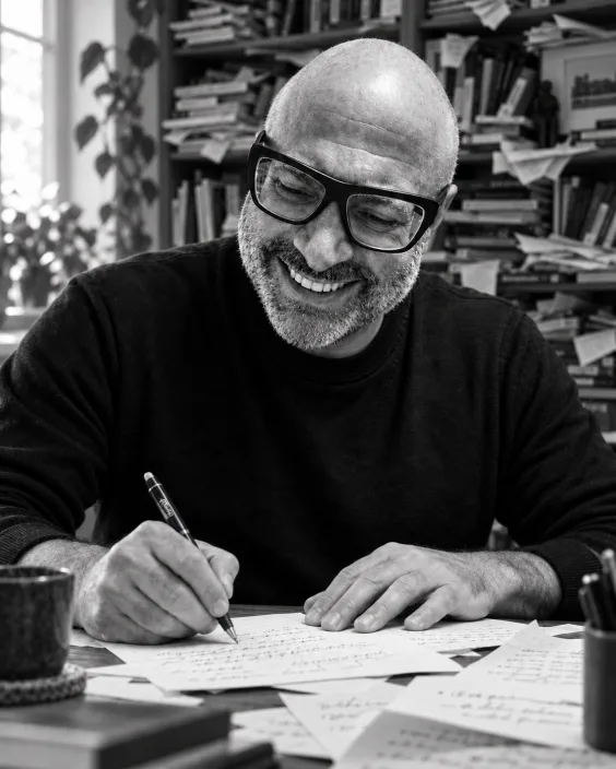 Gabriele Micozzi scrive a mano alla scrivania, fra appunti e libri
