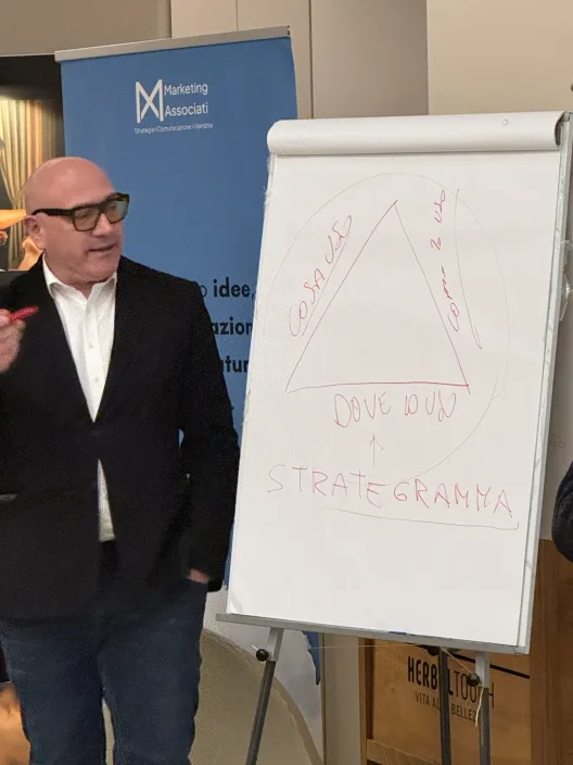 Gabriele Micozzi in aula davanti alla lavagna con lo schema dello Strategramma® disegnato a mano