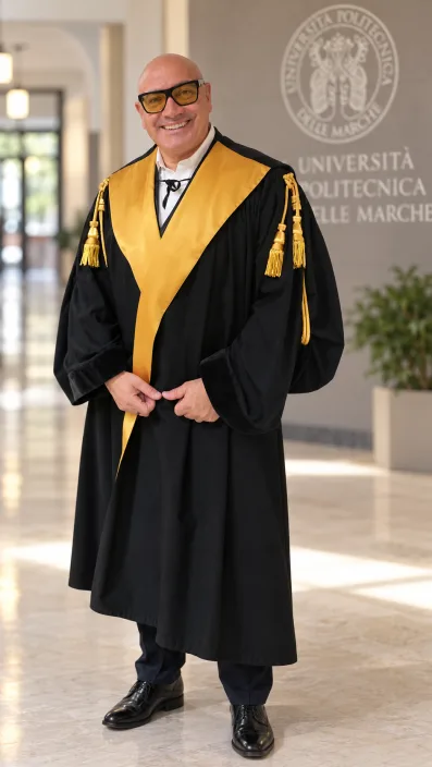 Gabriele Micozzi in toga accademica, figura intera nell'atrio dell'Università Politecnica delle Marche