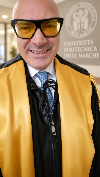 Gabriele Micozzi in toga accademica all'Università Politecnica delle Marche, primo piano